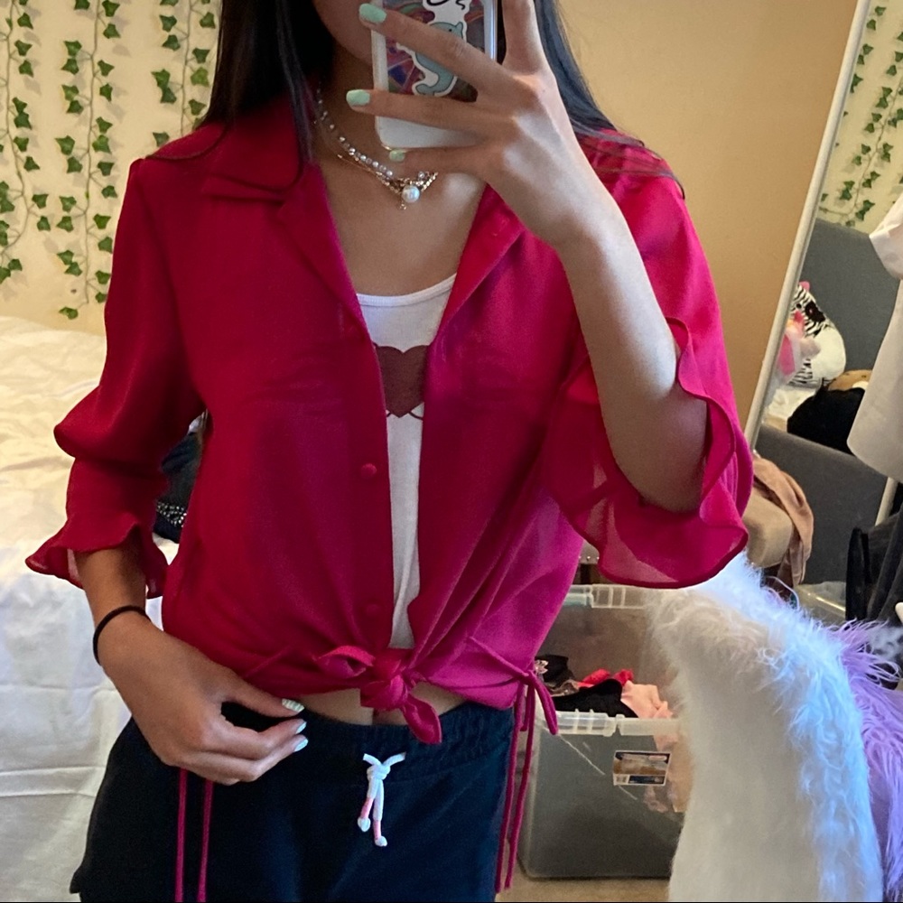 Red Cardigan Ruffled Sleeve - Picture 4 of 10